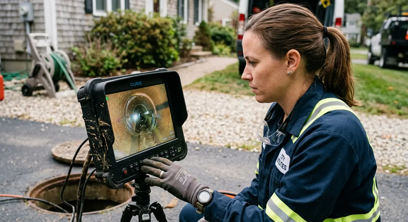 Technician reviewing sewer camera inspection footage in San Rafael