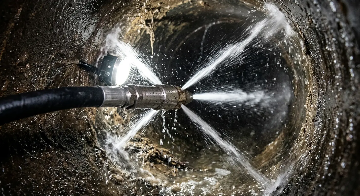 High-pressure hydro jetting nozzle cleaning sewer pipe for Sewer Cleanout in San Rafael