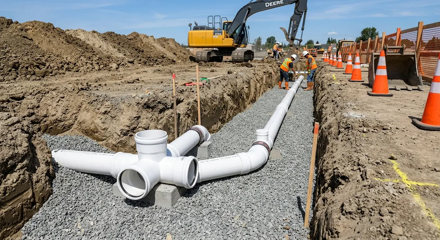New PVC sewer pipe installation in open trench for Sewer Backup in San Rafael