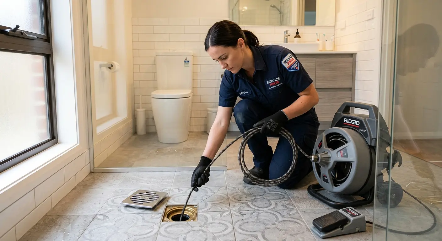 Technician clearing a bathroom floor drain for Drain Cleaning in San Rafael